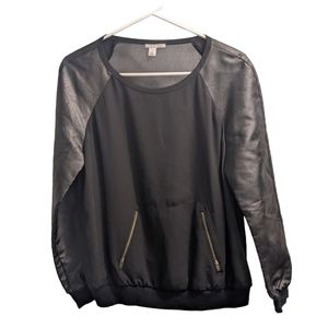 Halogen Black Faux Leather Sleeve Sheer Body Long Sleeve S